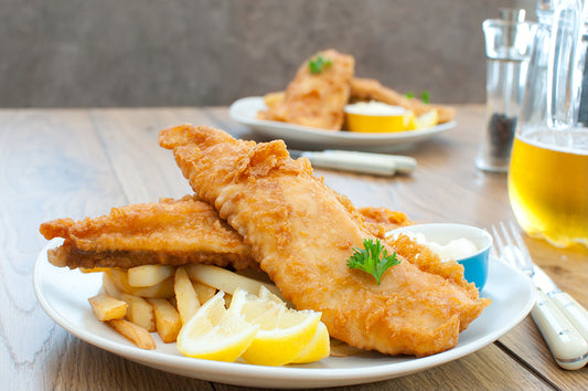 Beer batter fish and chips with a 6oz cod loin