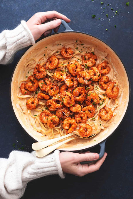 Cajun prawns on a creamy Alfredo fettuccine