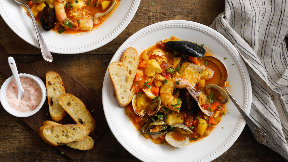 Bouillabaisse, French seafood stew recipe.