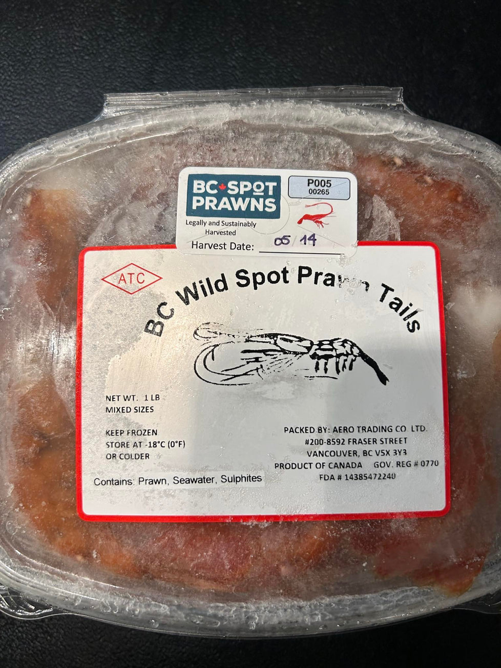 10lb case of 2024 spot prawn tails frozen in sea water